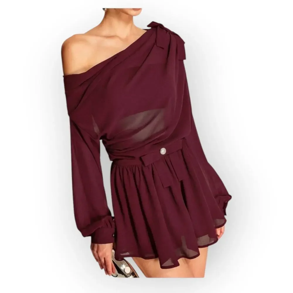 Commense Burgundy Chiffon One Shoulder Top & Skirt Set – Romantic Parisian Bow